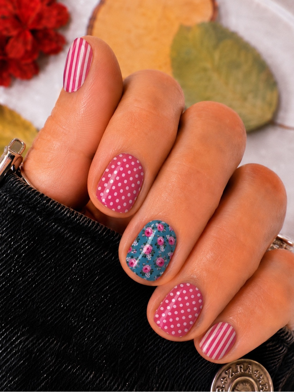 Retro Rosy Nail Wraps | Vintage Floral, Polka Dot & Stripe Mix Nail Art Stickers